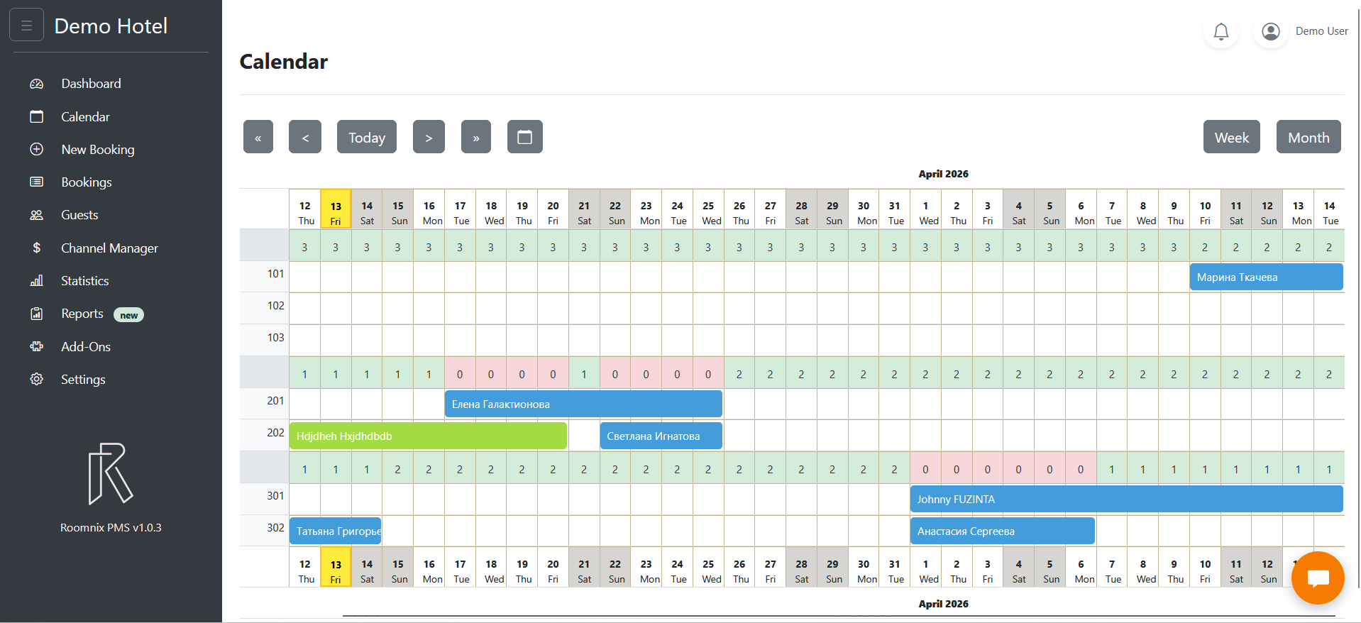 Roomnix hotel PMS calendar showing reservations, room availability and booking management