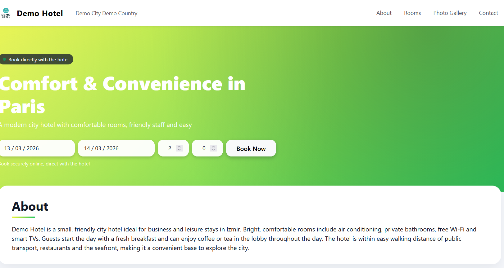Hotel website homepage built with Roomnix website builder